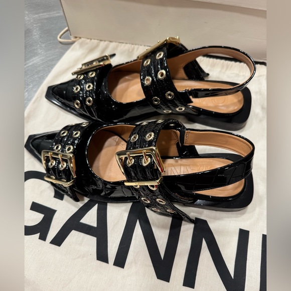 💫Ganni Black Patent Python Gold Buckle Ballerinas - Picture 11 of 13